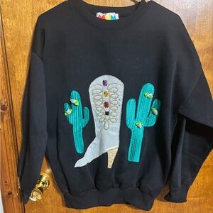 Black Sweatshirt with Cactus and Boot Embroidery